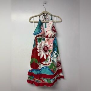 Y Apparel Multicolor Boho Floral Halter Dress Women’s Large Ruffle Hem Festival